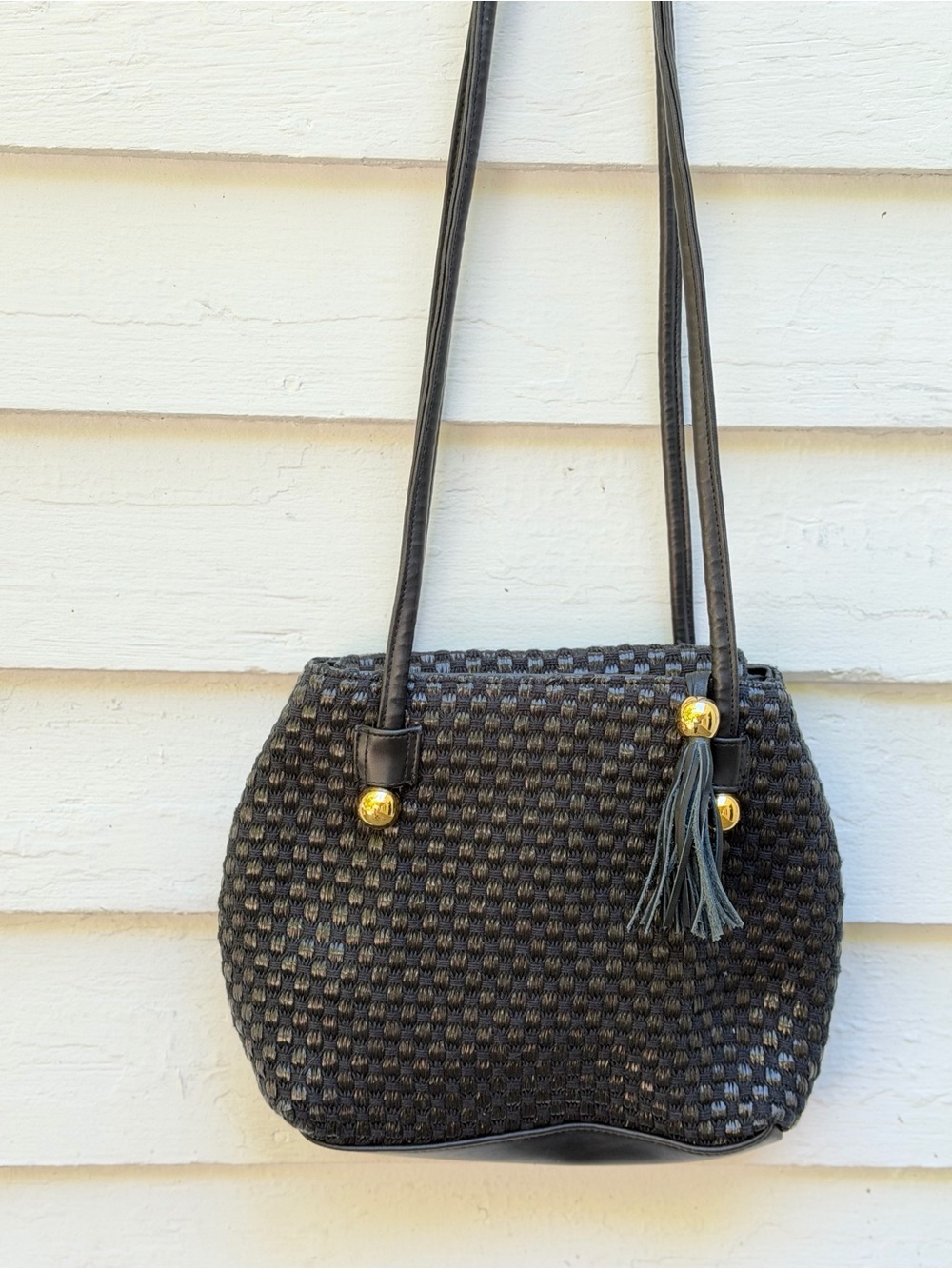 Amanda Smith Black Woven Shoulder Bag with Gold Accents
